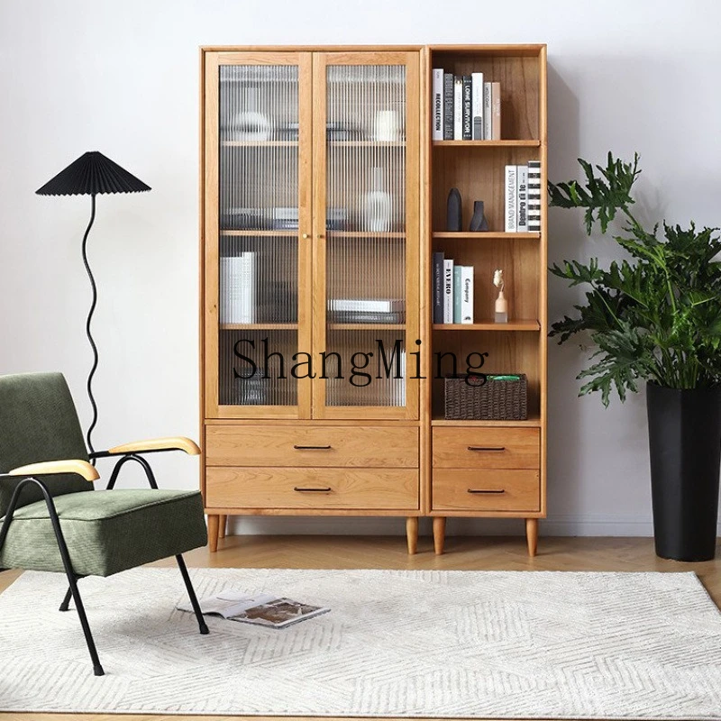 

FG solid wood home living room glass display cabinet log study storage ash wood floor bookshelf