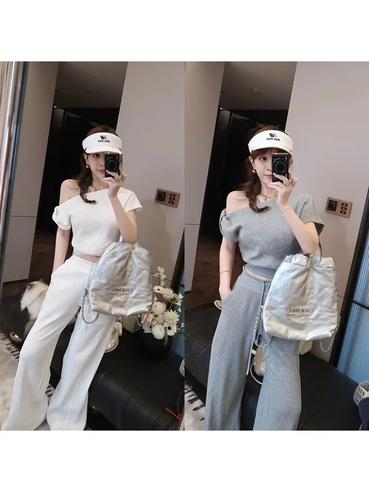 

Mimius Women's Sporty Style Knotted Shoulder Two-Piece Set Long Pants Breathable Lightweight Cotton Short Sleeve T-shirt