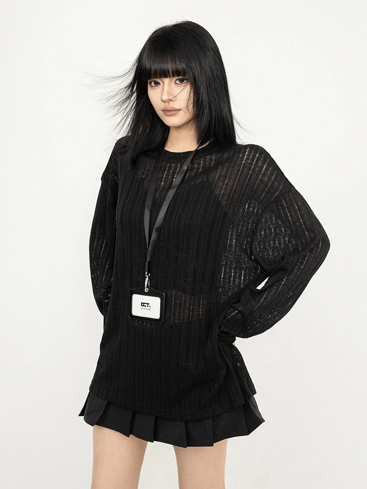 

OCTTFLAB Корейская стильная свободная женская футболка с длинным рукавом, однотонная, тонкая, для повседневной носки