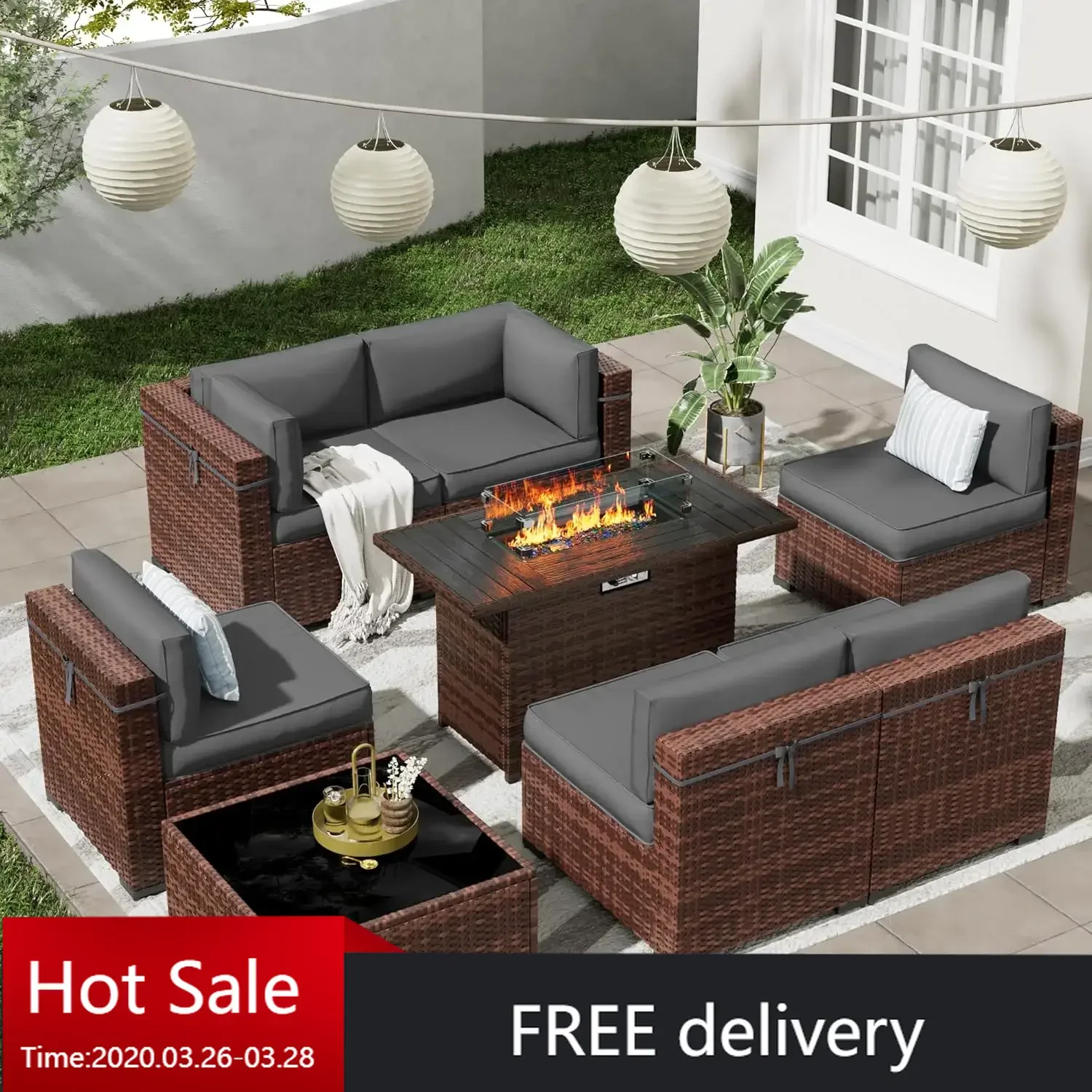 Set furnitur teras dengan meja Firepit Gas propana 44 inci, Set bagian luar ruangan 8 buah dengan punggung tinggi, abu-abu (penutup tahan air)