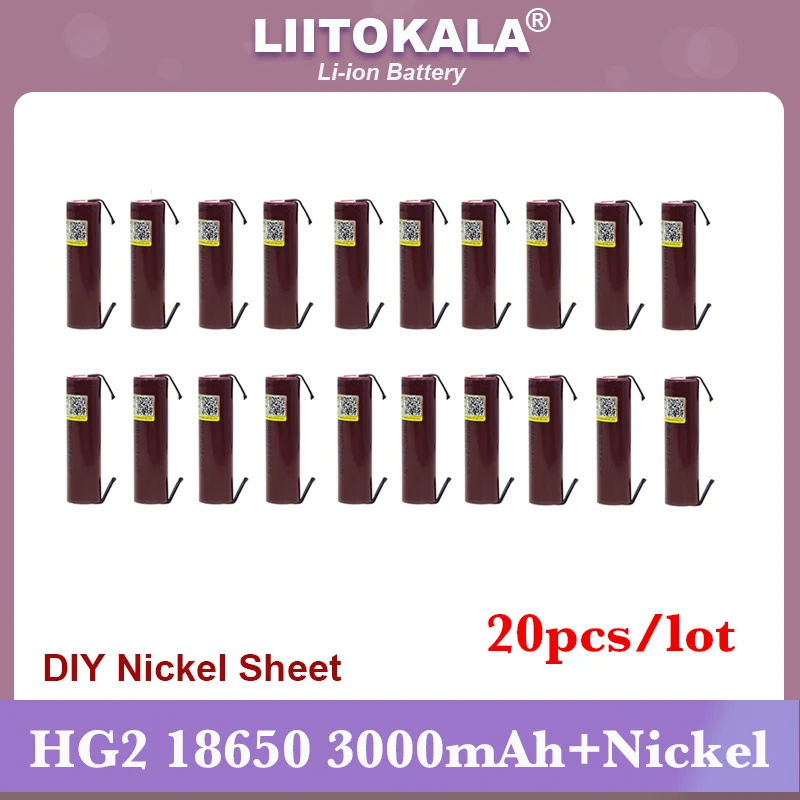 20pcs/lot Liitokala new HG2 18650 3000mAh battery 18650HG2 3.6V discharge 20A dedicated For hg2 batteries Flat head + DIY Nickel