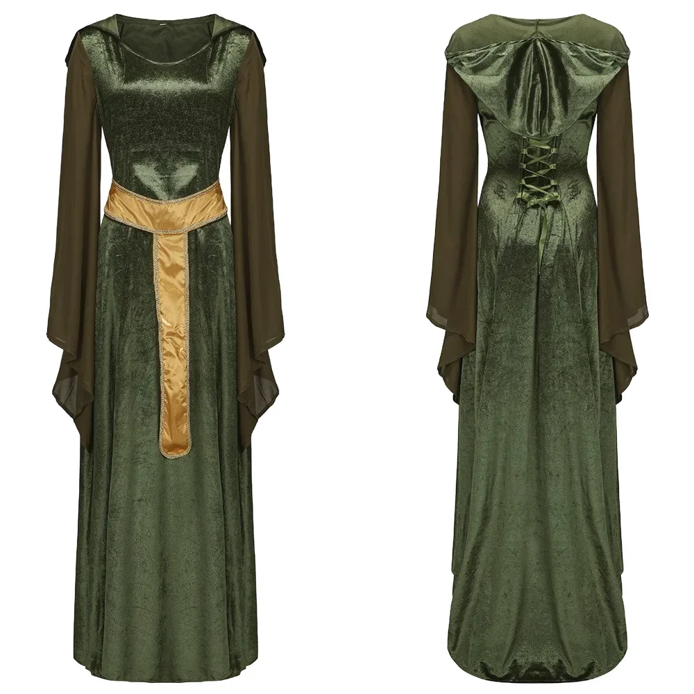 Halloween Women Disguise Medieval Lace-Up Vintage Hooded Green Black Robe Retro Dress Renaissance Costume Cosplay Maxi Dress