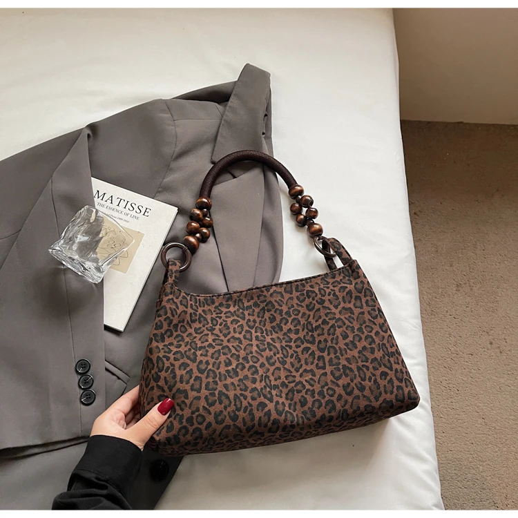 Retro Leopard Print Armpit Bag for Women, Wooden Bead Handle, Retro niche Shoulder Bag
