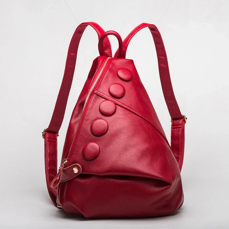 Luxury Premium Top Grain Cowhide Triangle Backpack Women Genuine Leather Daily Commute School Bag Casual Outdoor Travel Ladies B
