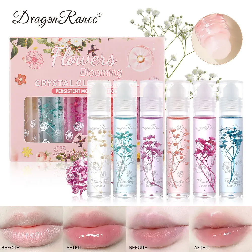 

6Pcs/Set Flower Crystal Clear Lip Oil Transparent Colorless Moisturizing Hydrating Lip Gloss Anti Drying Lip Care Cosmetics