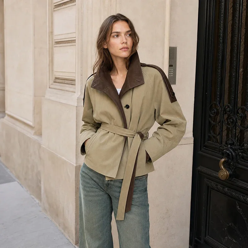 Women Retro Cropped Trench Coat Faux Leather Spliced Epaulets Belted Waist Loose Fit Short Jacket Casual Daily Ladies Outerwear