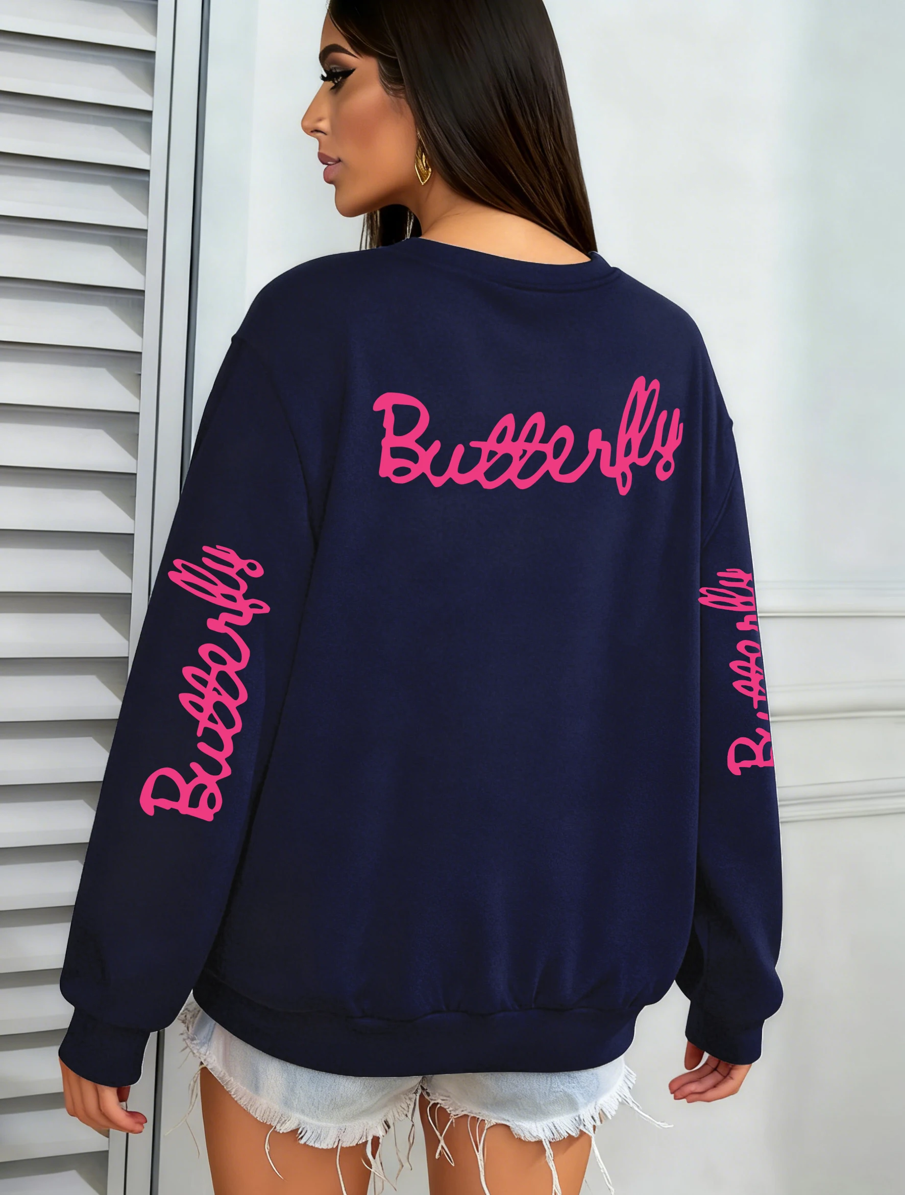 Różowa bluza damska z nadrukiem motyla, okrągły dekolt, luźny krój unisex, odzież codzienna, jesienna bluza do joggingu, polarowa odzież uliczna