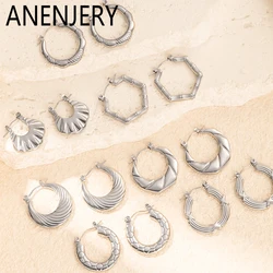 ANENJERY 316L Stainless Steel Hollow Round Bamboo Grain Pattern Earrings for Women Niche Special Jewelry Gifts Wholesale