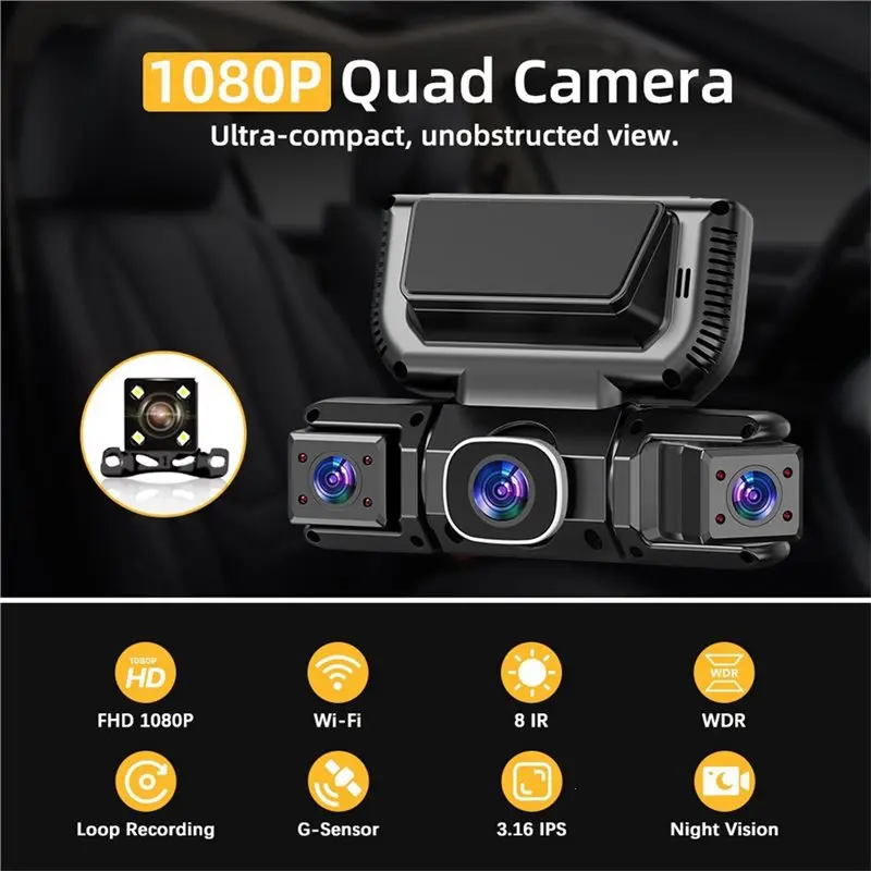 N26R-Wifi Dash Cam Car DVR 4 Camera 1080P 4-Way View Video Recording Device With 24 Hours Parking Alert Hardwire Installation