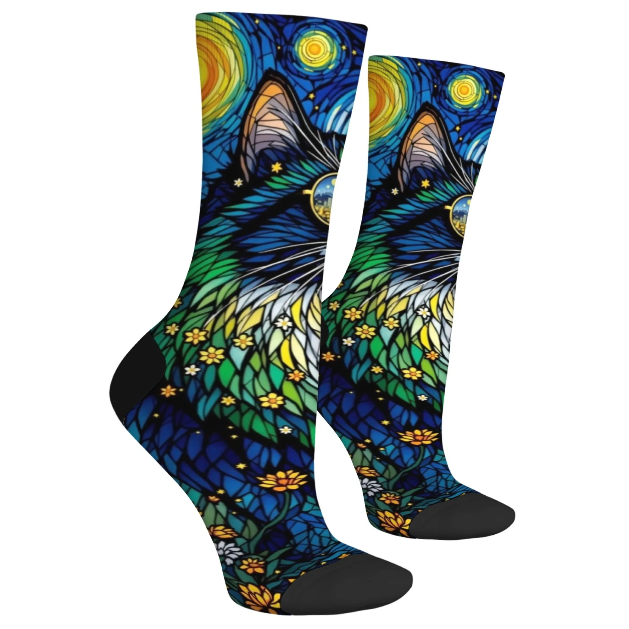 Starry Night Floral Cat Men's Socks Novelty Van Gogh Art Socks Harajuku Style Comfortable Casual Fashion Funny Socks Unisex Gift