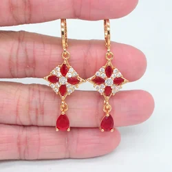 Gold Color Women Fashion Red Zircon CZ Rhombus Dangle Earrings Jewelry