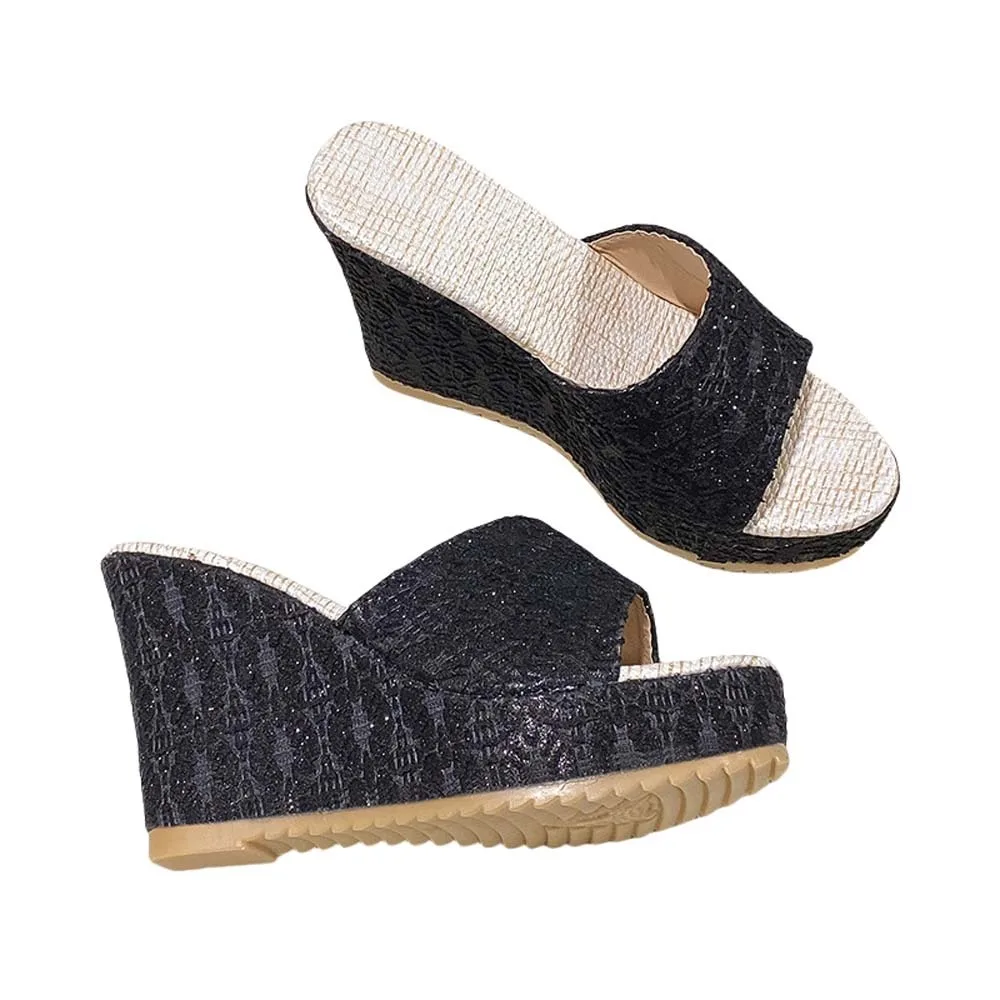 Altura del tacón 10 cm Sandalias de tacón inclinado Zapatos casuales con punta cubierta hueca Tacones altos romanos Sandalias de punta cubierta de playa en negro y beige