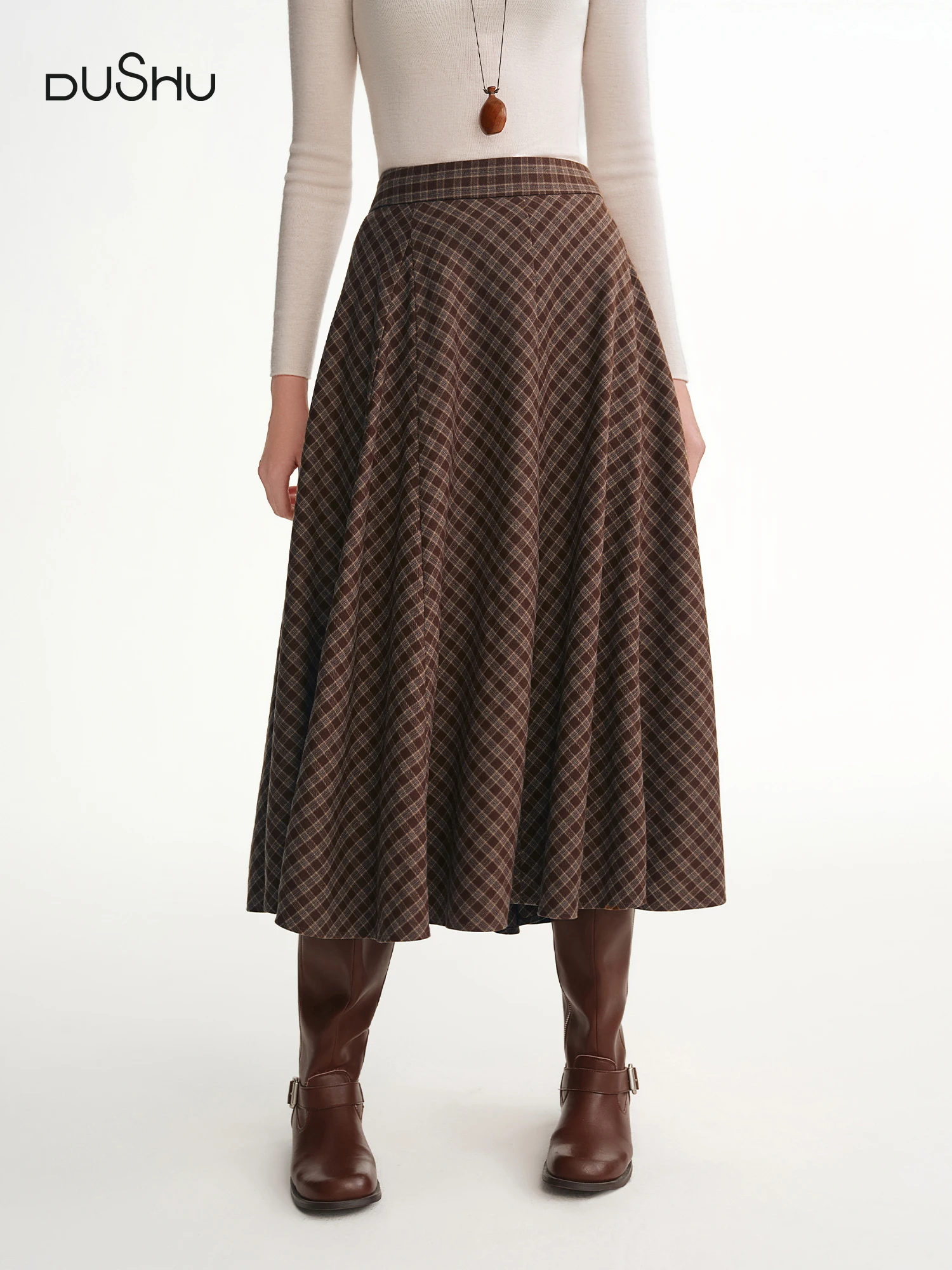 

DUSHU 2025 Winter Plus Size Plaid A-Line Skirt Caramel Waffle Pattern High Waist Midi Casual Elegant Retro Skirt Casual Looks