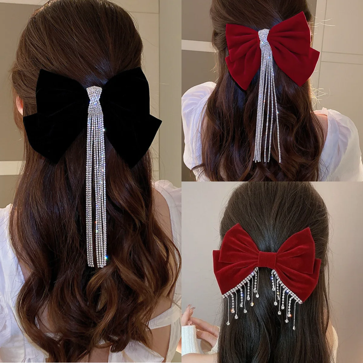 New Elegant Bow Velvet Hairpin Girl Rhinestone Tassel Hairpin Korean Headdress Fashion New Year Christmas Hair Accessories