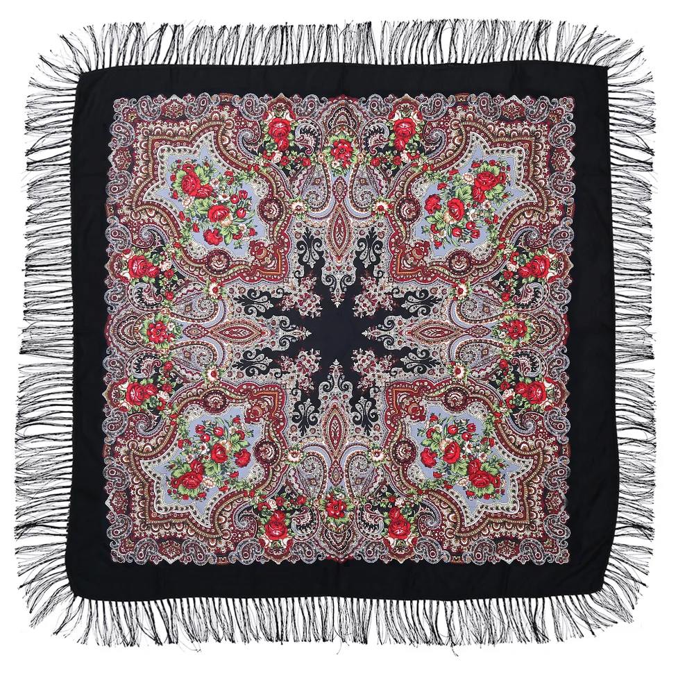 Foulard Carré de Style Russe, Imprimé Floral Rétro, 21ème Châle, Bandana Babushka, Mouchoir, Grande Taille, Châles à Franges, 160x160cm