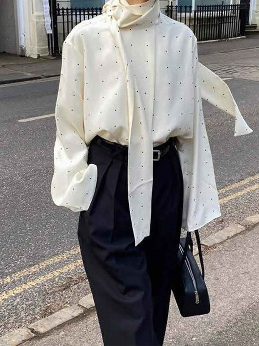 

Parc Fee Fashion Loose Print Women's Shirt 2026 Spring Bow Collar Long Sleeve Blouse Elegant Classic Lace-Up Top Female Clothing