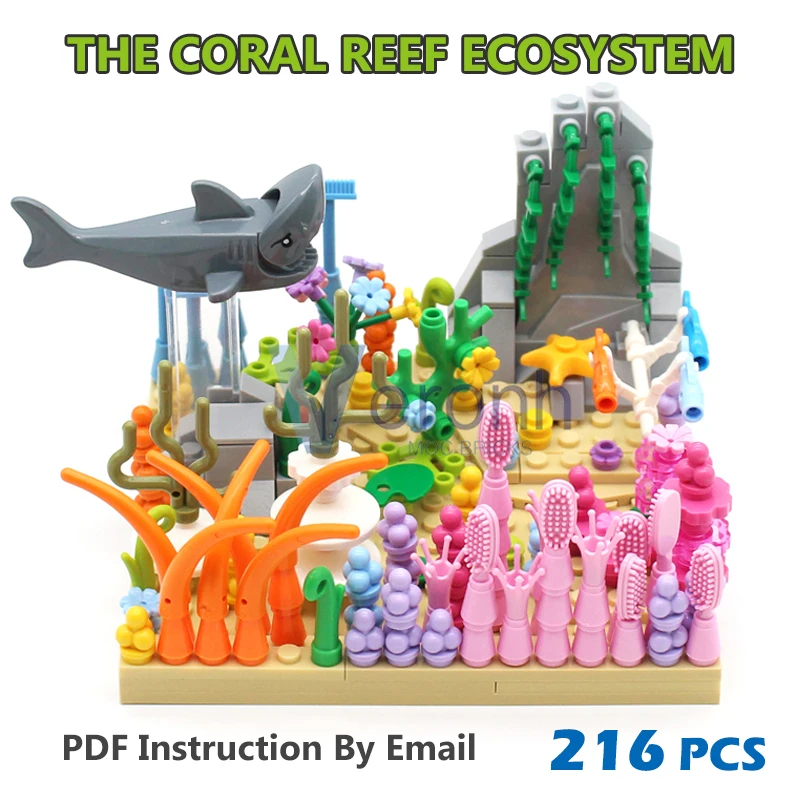 Diving Deep Coral Reef Model Set 216 PCS MOC Building Block Shark Seaweed Grass Plants Underwater World Nature Scenes Bricks Toy