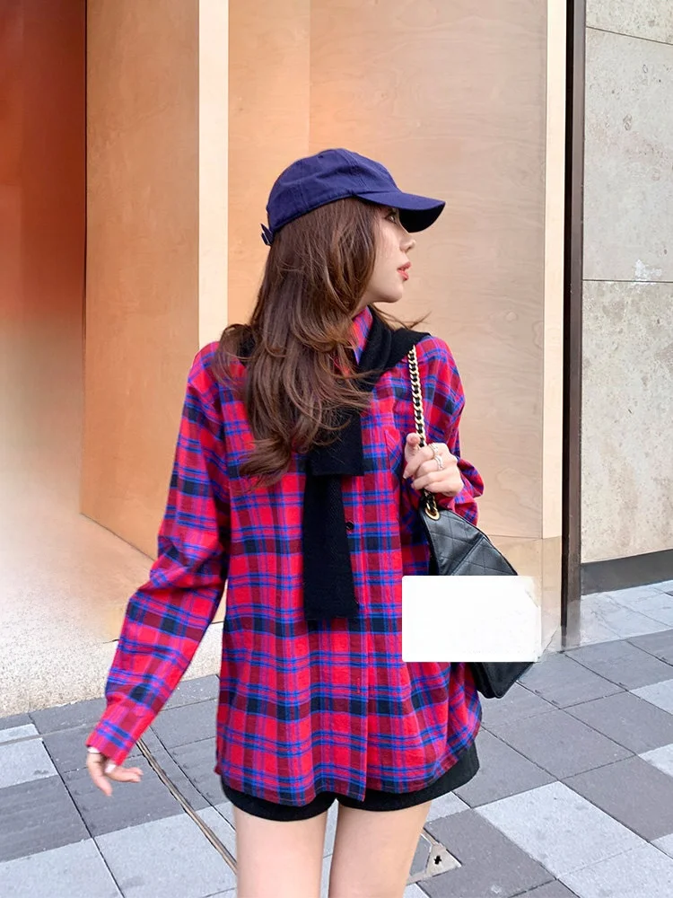 

Cheeseandkisses Italian Row Sle 0O High Cotton Vintage Red And Blue Plaid Collar Long Sve irt Women's Casual Loose Fit