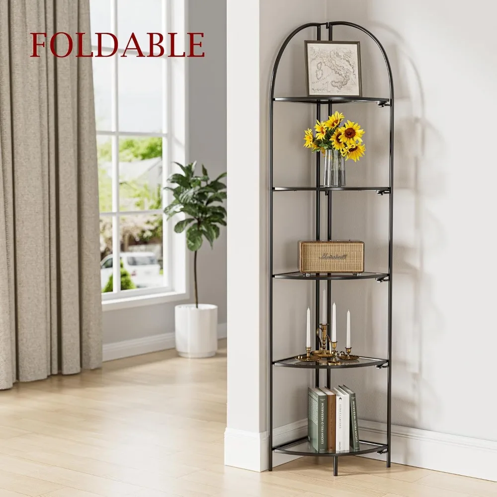 

Foldable 5 Tier Corner Shelf, Metal Corner Plant Stand with Black Frame and Transparent Shelves for Bedroom, Bathroom
