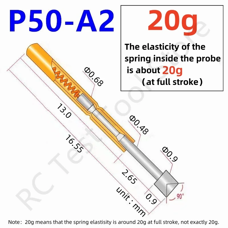 

20/100PCS P50-A2 Spring Test Probe Test Pin P50-A 0.9mm Cup Head Nickel Plated 0.68mm PCB Test Tool PogoPin 16.55mm 20g force