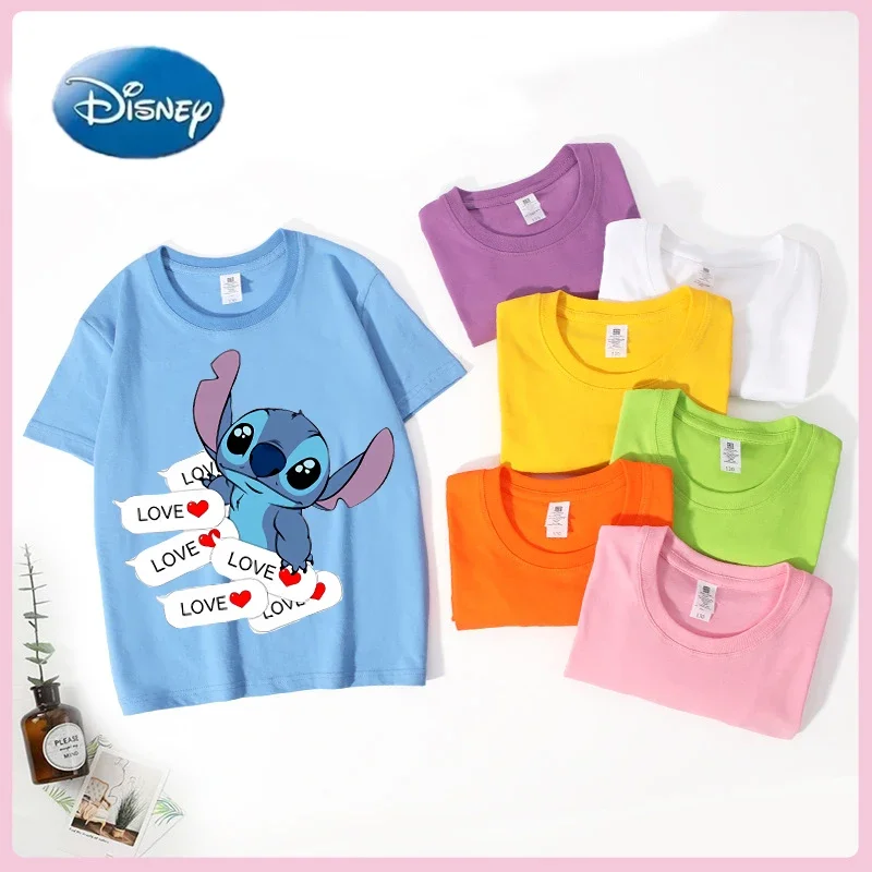 

Stitch Children Solid Color T-shirts Disney Anime Figure Pattern Short Sleeve Summer Loose Leisure Trend Tee Kid Clothing Gifts