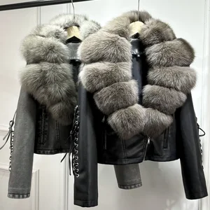 نسائي الثعلب الحقيقي طوق الفراء فو جلد جاكيت خمر طية صدر السترة مفجر فضفاض معطف PU نسائي سحاب كبير خريف شتاء 2022 أعلى 8 مبيعات معطف فرو الثعلب الحقيقي - No7