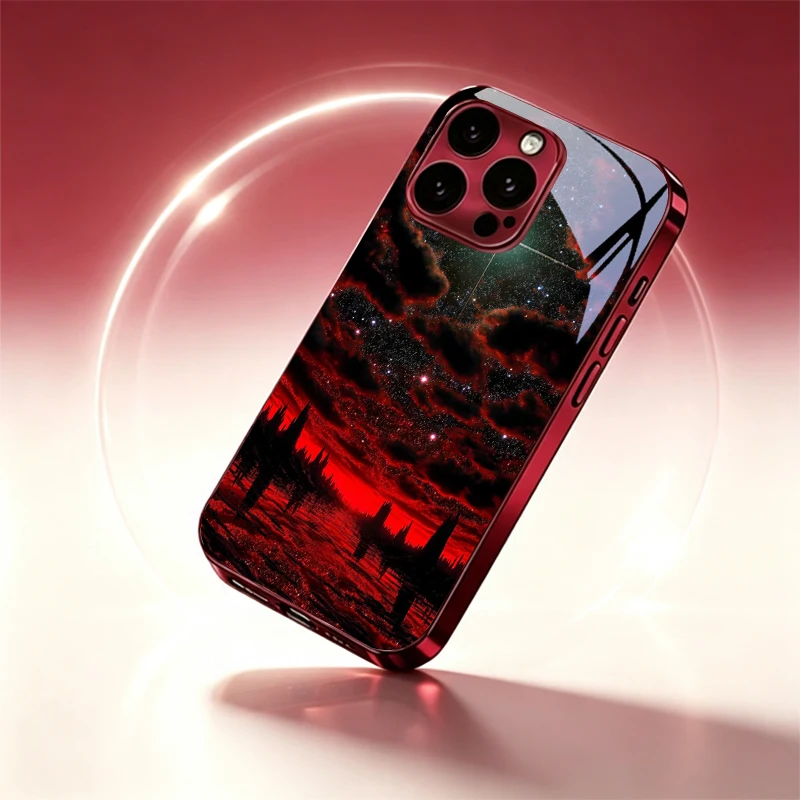 Starry Sky Reflection Electroplated Wine Red Glass Phone Case For iPhone 18 11 12 13 14 15 16 17 Pro Max Plus Air 16E Back Cover