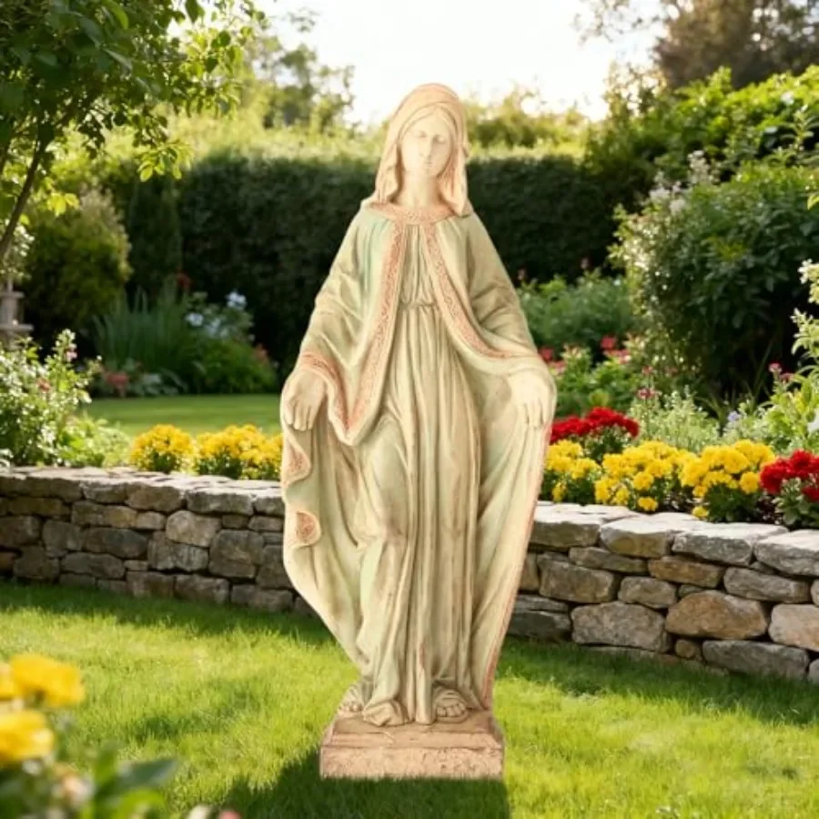 Outdoor garden statue of Virgin Mary, 31.5-inch praying Holy Madonna in weather-resistant resin, white and gold finish, durable