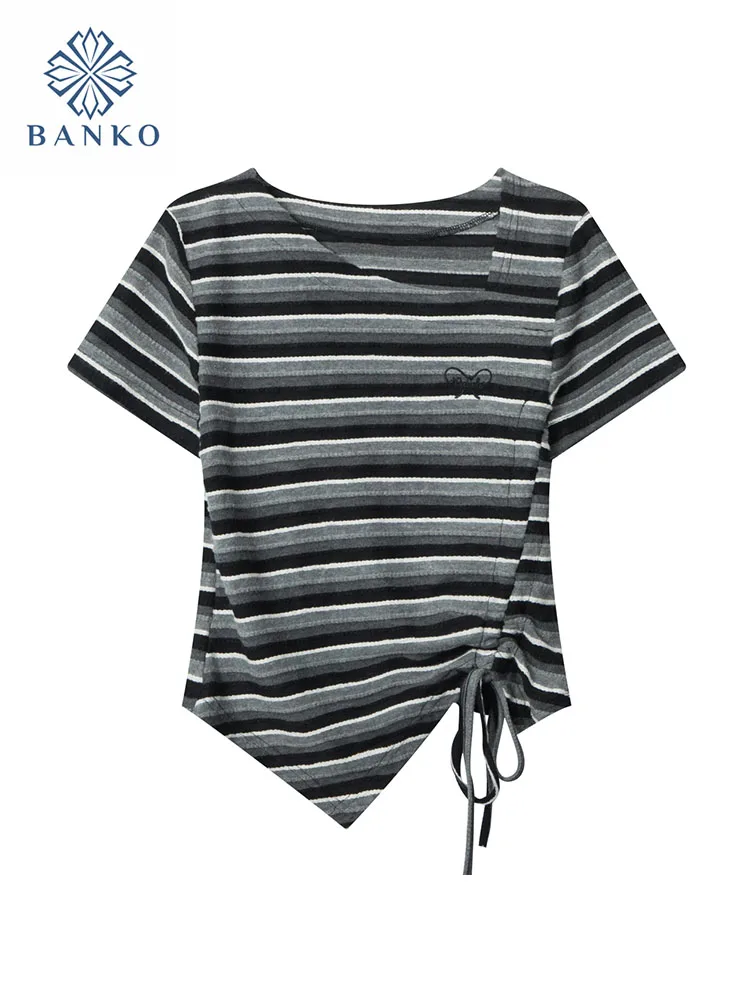 

American Retro T-Shirts Asymmetrical Women Short Sleeve Striped Crop Top High Street Lace Up Tees Spring Summer High Quality Y2K