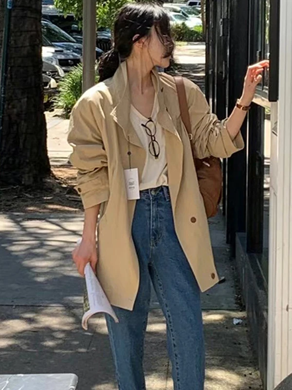 

Retro Briti Sle Women's Mid-Length Coat Loose Long Sve Outerwear Commute Straight Tube ape Single Button Closure