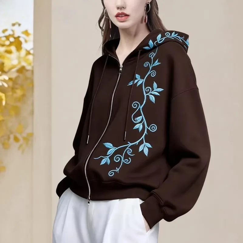 Fashion Embroidered Women' Hooded Jacket Loose-fitting Over Sized Long Sleeve Knit Fleece Coat Casual Jackets