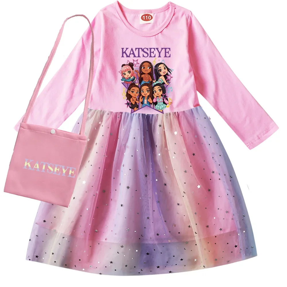 Hot Katseye Funny Print Clothes Kids Fall Long Sleeve Casual Dresses Baby Girls Cartoon Dress & Bag Children Princess Vestidos