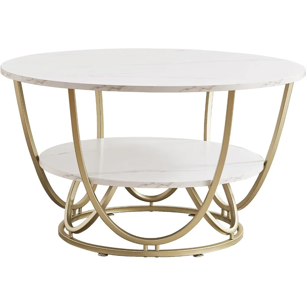 White and gold coffee tables with storage space, wooden tabletop with marble white print and gold frame, free shipping