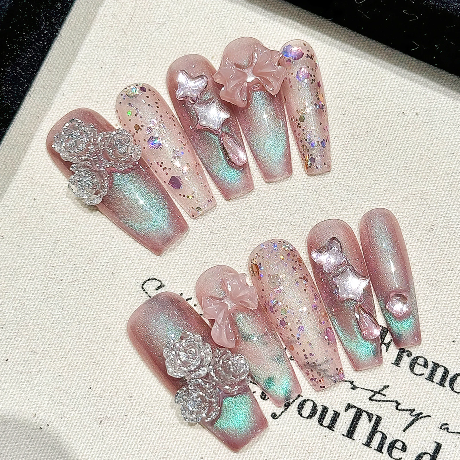 

10pcs Long Coffin Fake Nail Tips Handmade Romantic Retro Purple Press On Nails With Bows Sequins Flower Decor Charm False Nails