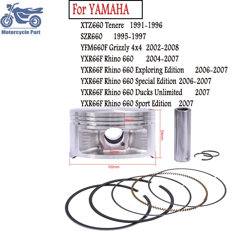 

Детали двигателя мотоцикла 102 мм, комплект поршней и колец, 1 цилиндр для YAMAHA XTZ660 SZR660 YFM660F YXR66F Rhino 660 Tenere Grizzly