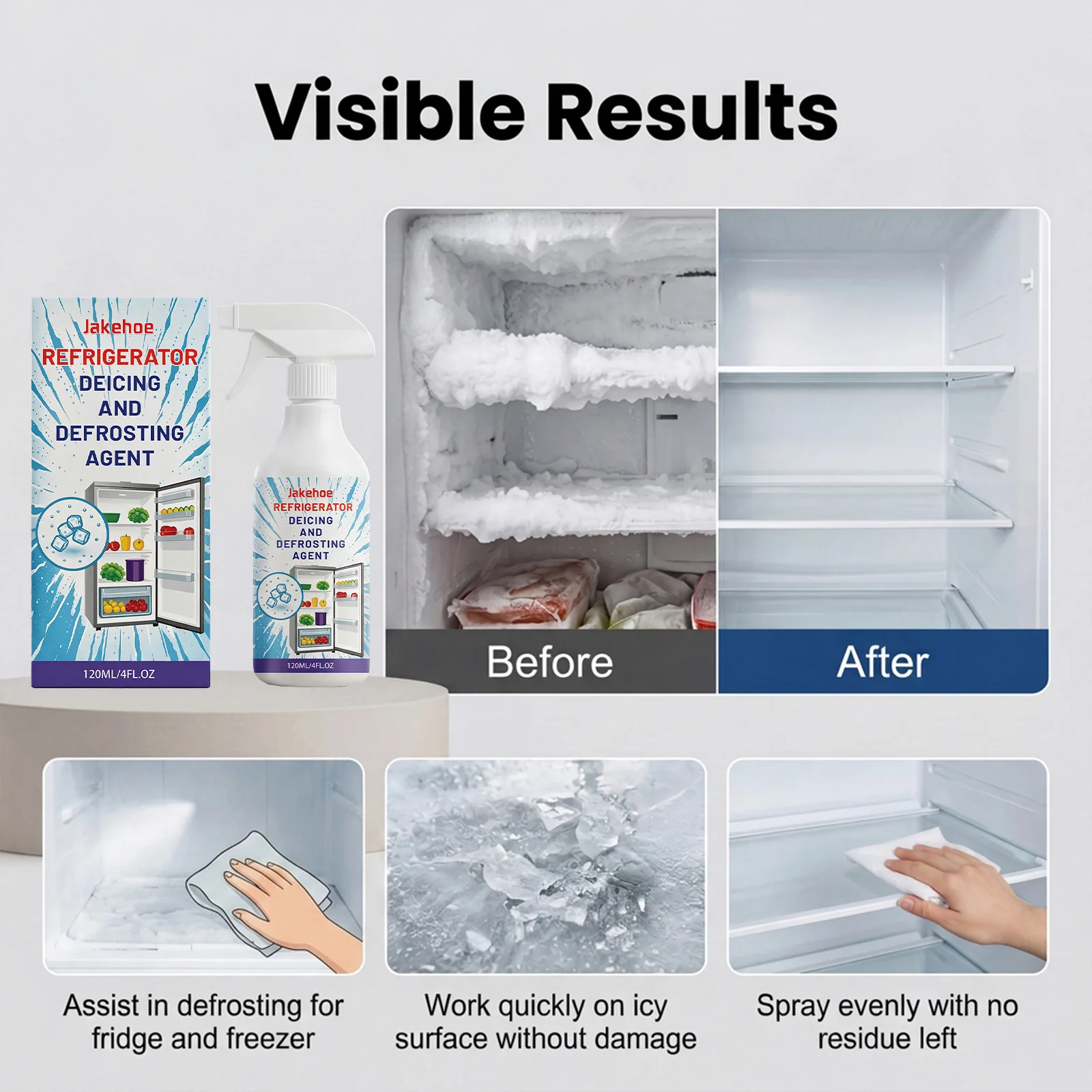 Jakehoe Defrost Spray Household Refrigerator Freezer Ice Melter Remove Odor Long Lasting Fresh Multi Purpose Cleaner 120ml