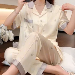 Satin Silk Cool Pajamas Spring Summer Casual Cartoon Short Sleeves Long Pants Bear Homewear Women Sleepwear Girl Pyjamas Thin