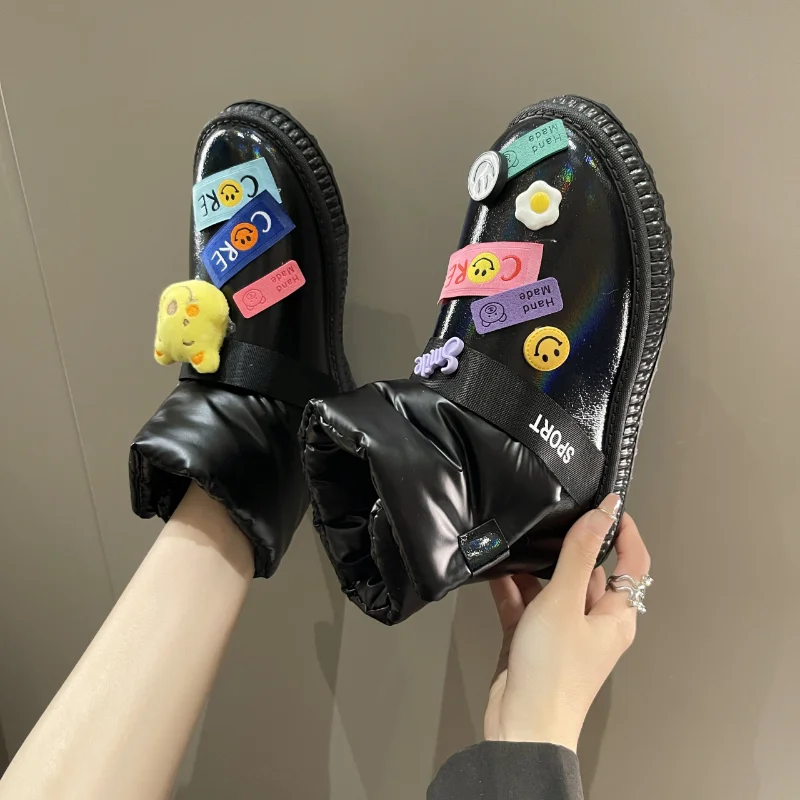 Women's 2022 Winter New Fashion Cartoon Patch Smiley Face Bear Comfortable Versatile Waterproof Non Slip Suede Warm Snow Boots