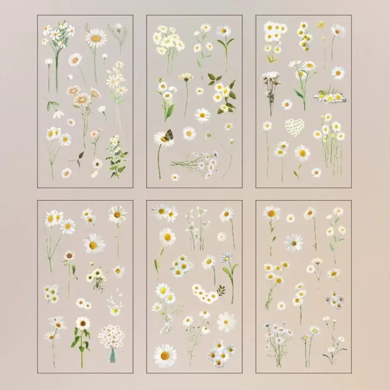 6 Stück/Packung Natur-PVC-Pflanzen-Blumen-Aufkleber Vintage DIY-Aufkleber Scrapbook-Aufkleber Heißprägung Klares PET
