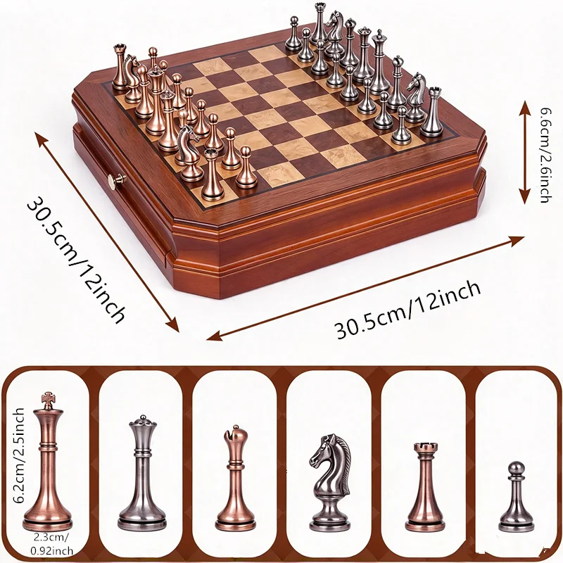 Chessboard 30.5cm/12inch international chess set with metal pieces includes 2 additional queens. various holiday gifts.