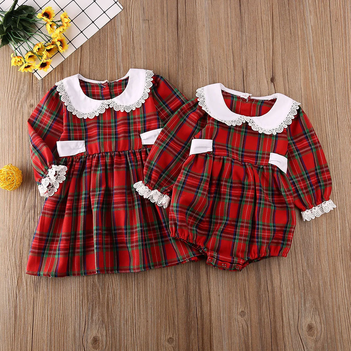 Christmas Dress Baby Girl Clothes Red Plaid Romper Dress Bodysuit Matching Sister Dress/Jumpsuit Xmas Outfits Fall