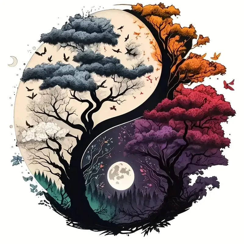 2D Flat Yin‑Yang Tree Nature Vinyl Sticker, Removable Glossy Decal for Car Motorcycle Laptop Bottle Wall Cup Decor, Holiday Gift
