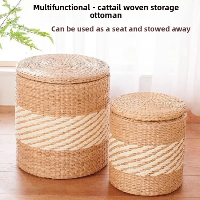 Storage Stool Straw Solid Wood Storage Rattan Shoe Changing Stool Sofa Makeup Stool Can Sit and Organize The Storage Box