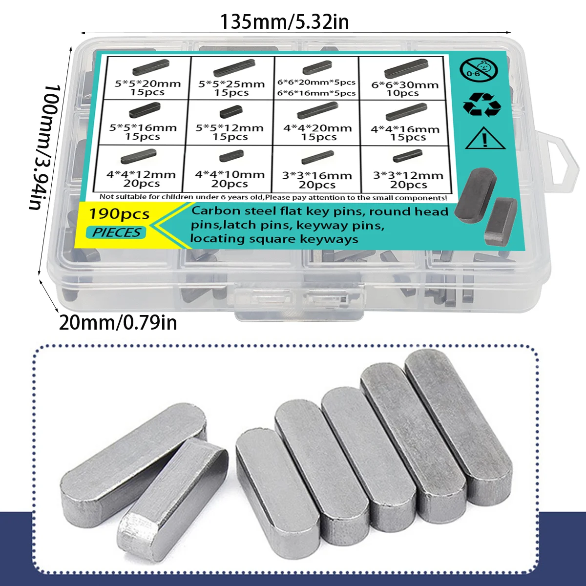 190-Piece Flat Key Pin Set, 3/4/5/6mm Carbon Steel Square Keyway Shaft Key Set, Automotive Mechanical Repair Hardware Fasteners