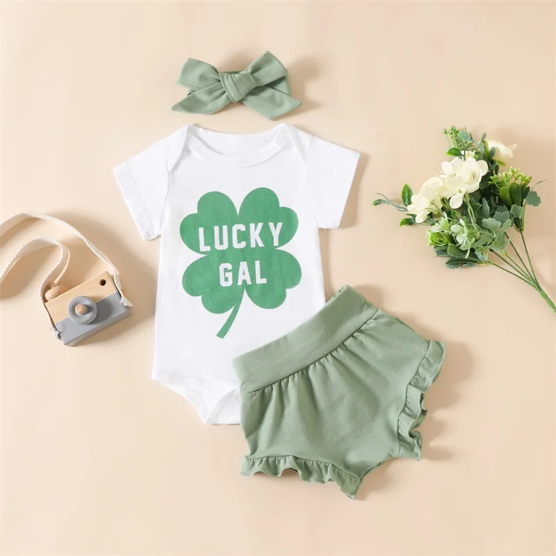 Infant Baby Girl St Patrick 's Day Outfits Short Sleeve Romper Clover Bodysuit + Green Bloomers + Headband 3Pcs