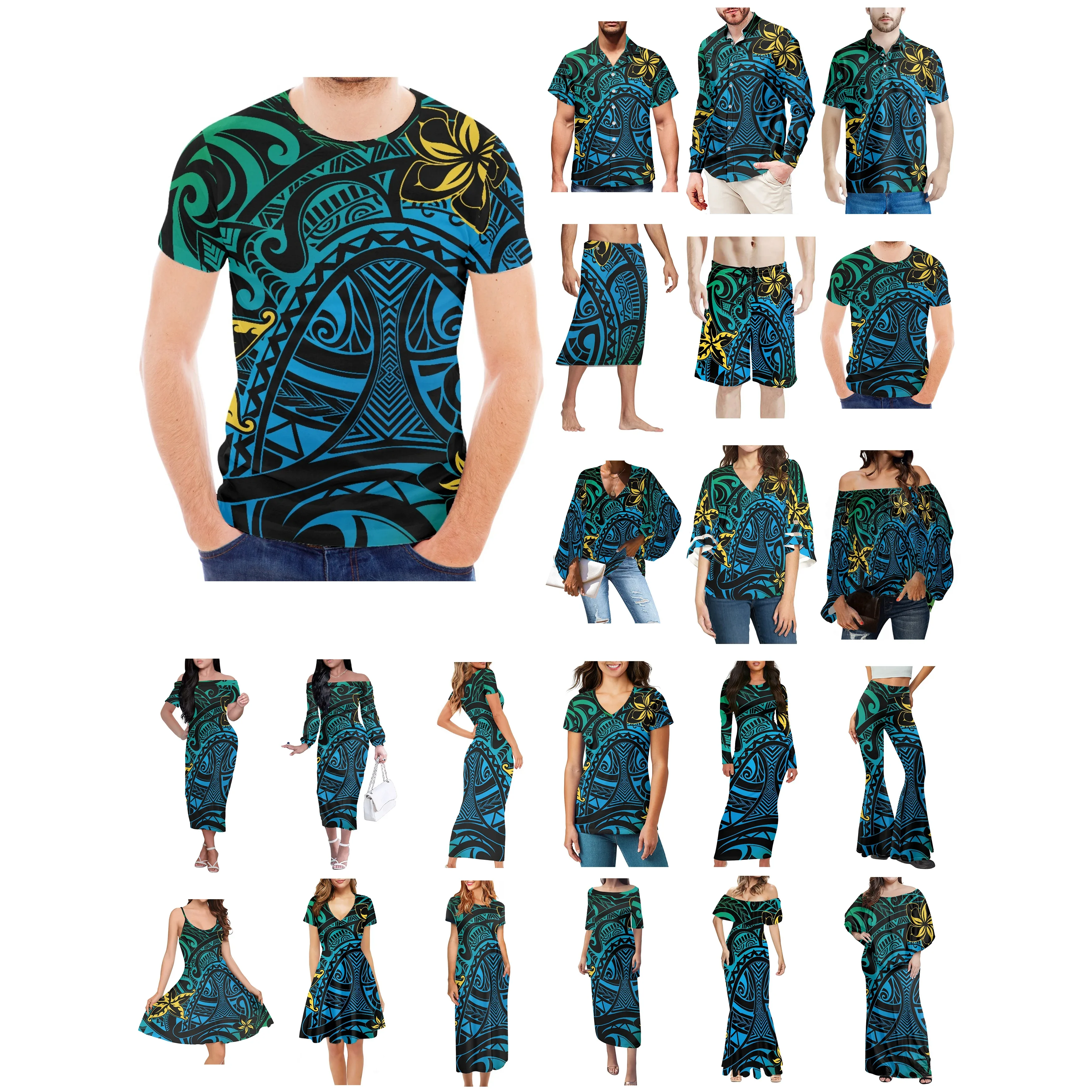 Polynesian Tonga Hawaii Fiji Guam Samoa Pohnpei Tribal Tattoo Prints Clothes Women Dress Matching Men Shirt Blue Lovers Clothes