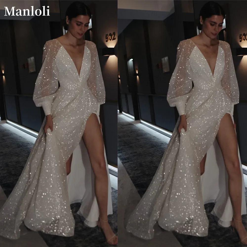 

Богемное сверкающее свадебное платье с v-образным вырезом, трапециевидное свадебное платье с длинными рукавами и высоким разрезом по бокам, пляжный жилет, платье на заказ