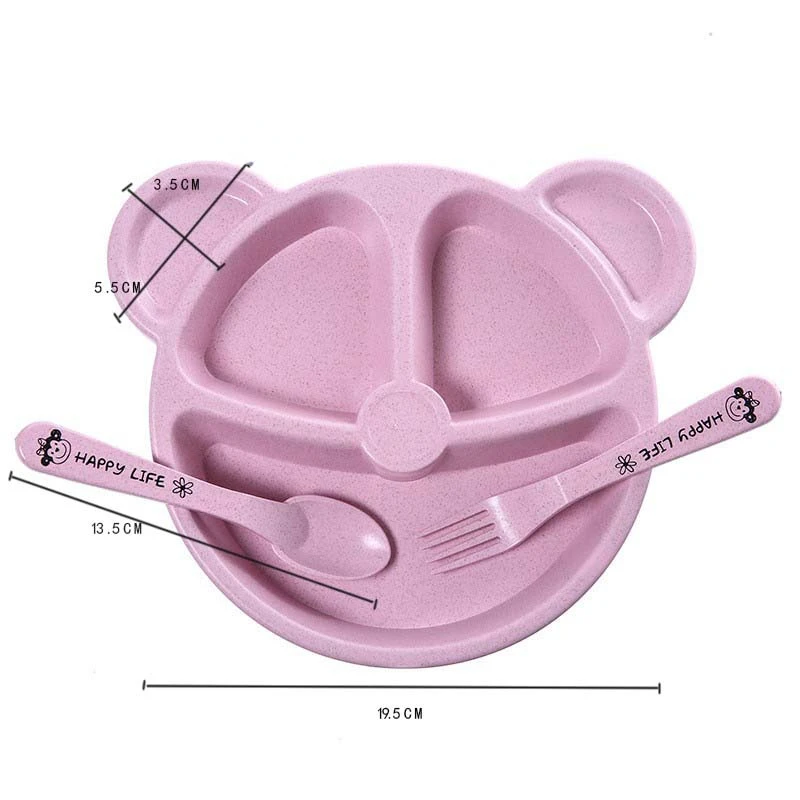 3-Piece Cute Divided Dining Plate for Children\'s Bowls Solid Color Fork Spoon Sucking Tableware Set with Wheat Material