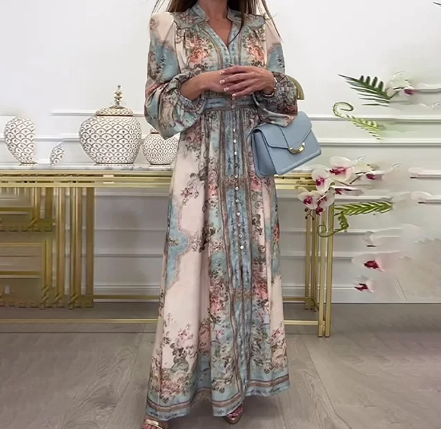 Temperament V-hals Lange mouwen Retro Paleisstijl Lentejurk Slim Fit Lantaarnmouwen Doorschijnende elegante taille Cinching-jurk