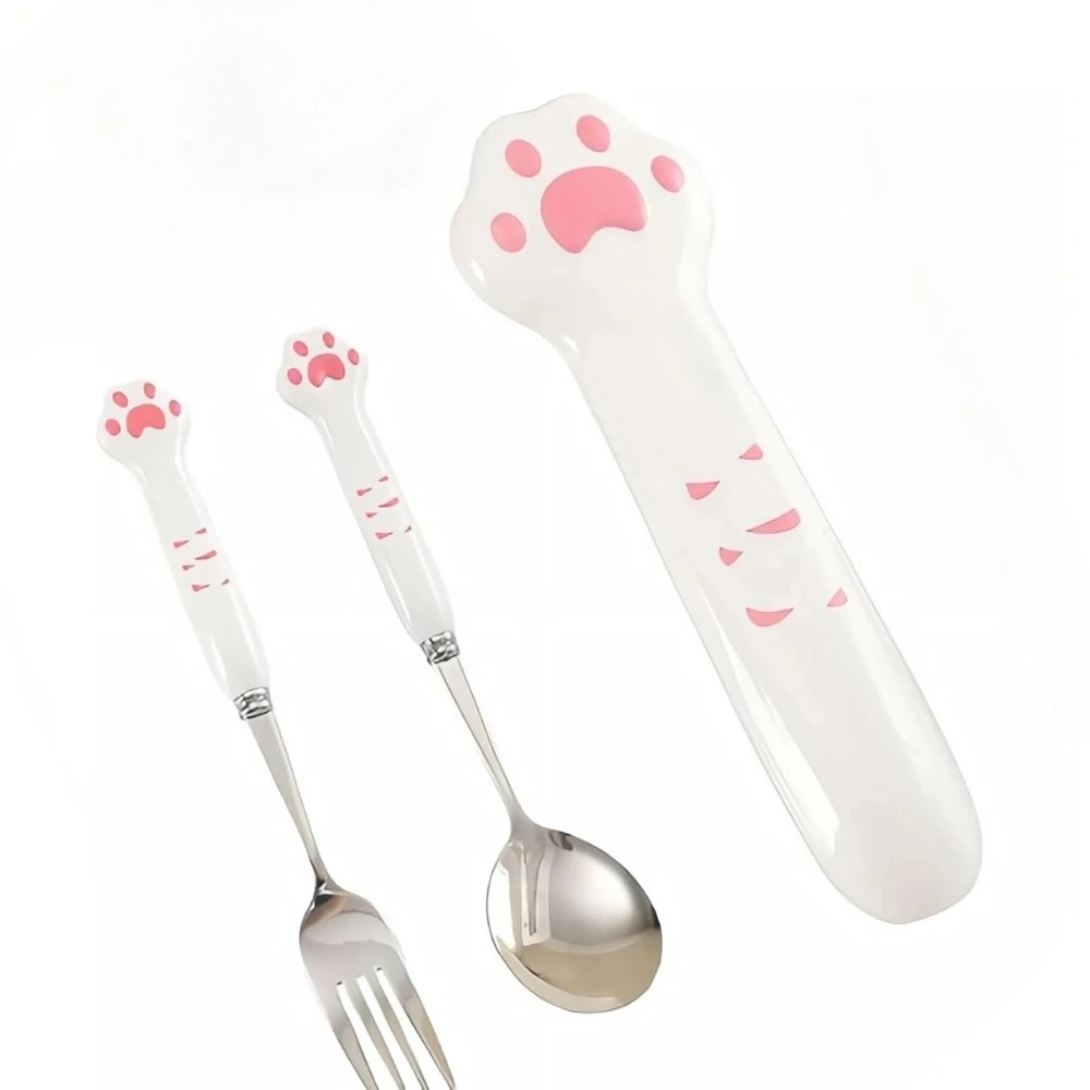 Niedliches Katzenpfoten-Besteck-Set, tragbares Besteck, Edelstahl, Reisegabel, Löffel mit Aufbewahrungsbox, Mittagessen, Bento-Zubehör